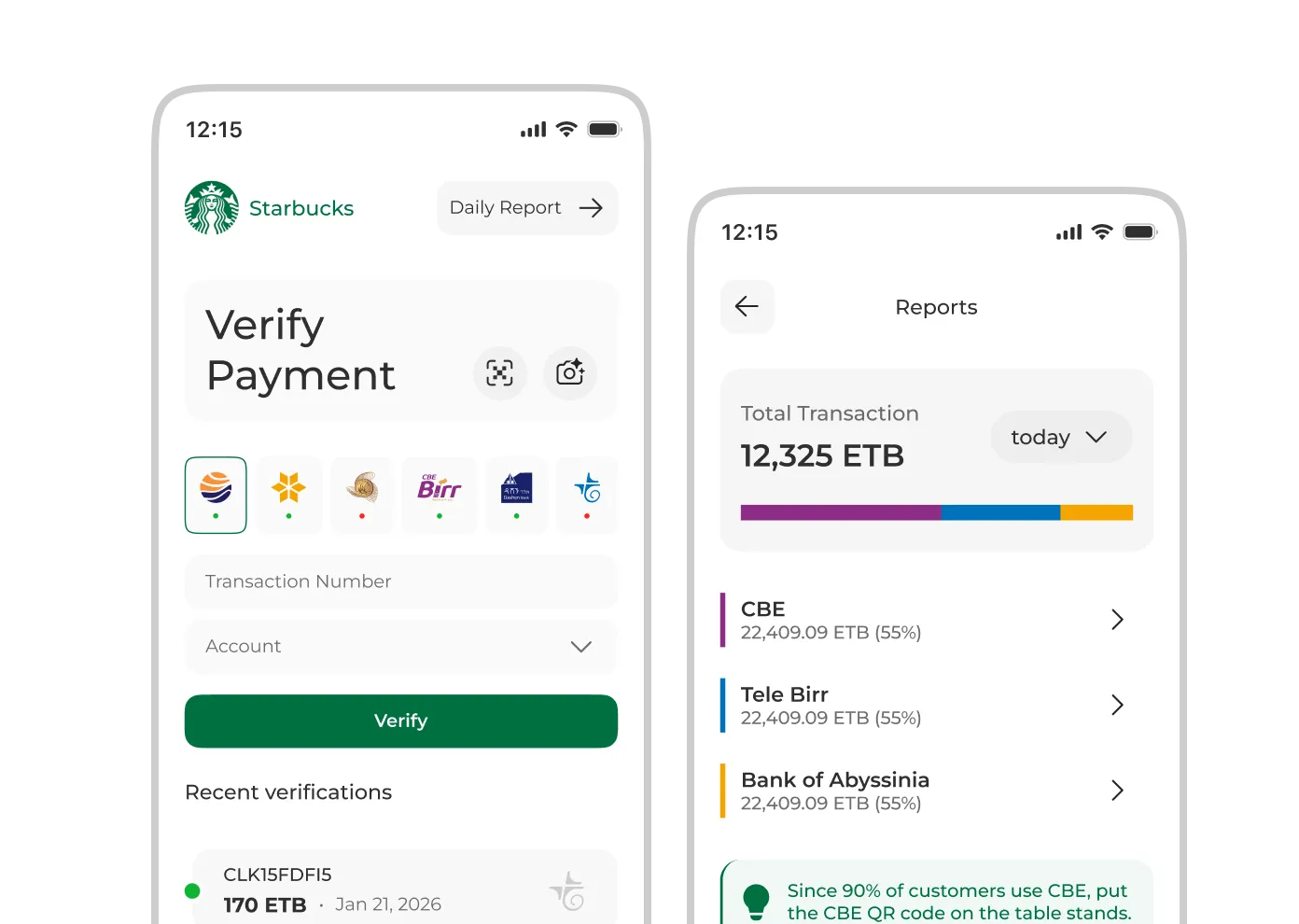Verify.ET mobile app screenshots showing payment confirmation and reports views