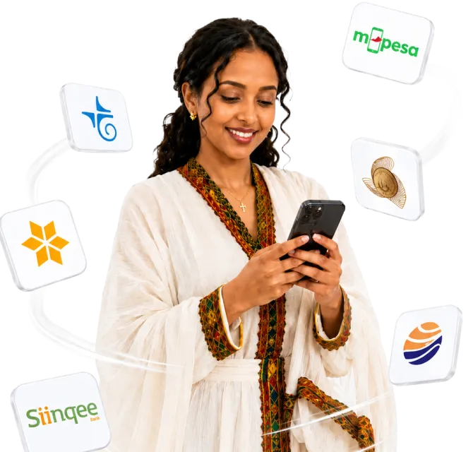 Ethiopian woman verifying a payment on her phone, surrounded by bank and wallet brands