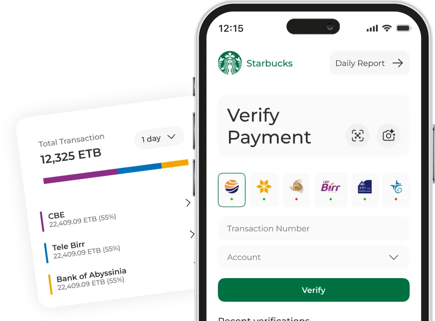 Verify.ET mobile app showing payment verification and daily transaction report